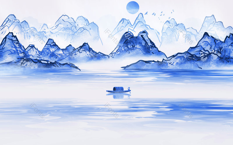 中国风冷色调手绘风景山水插画背景设计,插画/手绘图,插画/手绘图库,插画/手绘图下载,插画/手绘